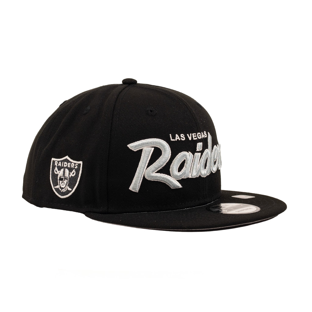 Las Vegas Raiders Black/Matte Silver w Side Team Logo "Script" | New Era 9Fifty Snapback