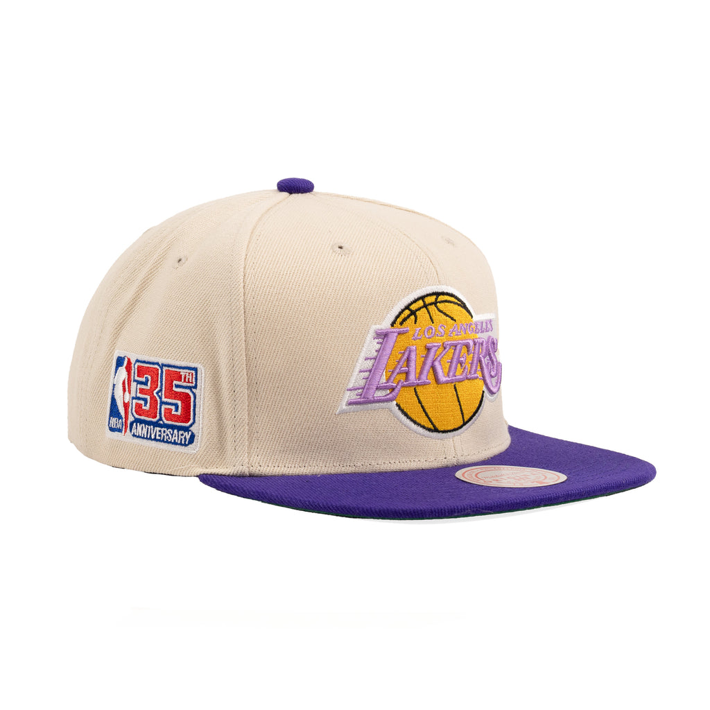 Los Angeles Lakers Off-White/Purple w NBA 35th Anniversary Patch "Two Tone" | Mitchell & Ness Original Fit Snapback