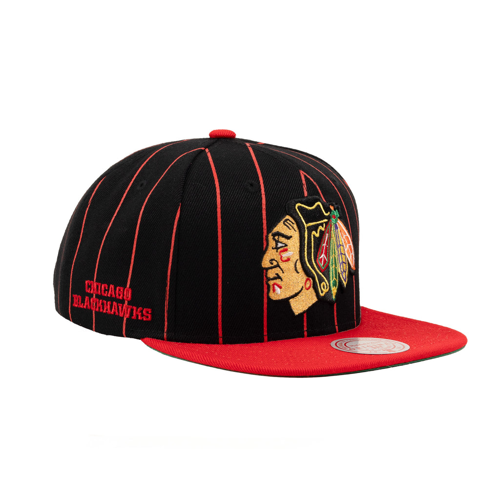 Chicago Blackhawks Black/Scarlet Red "Pinstripe" | Mitchell & Ness 9Fifty Snapback